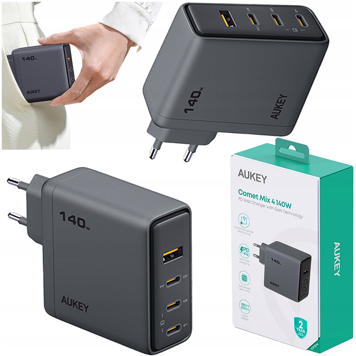 Síťová Nabíječka Aukey cestovní kompaktní 140W 1x Usb-a 3x Usb-c GaN