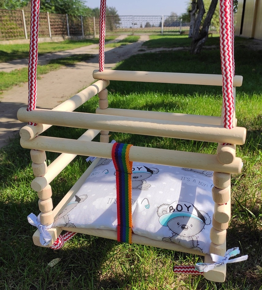 HUŚTAWKA DREWNIANA do zawieszenia +PODUSIA natural Waga dziecka 6 - 25 kg