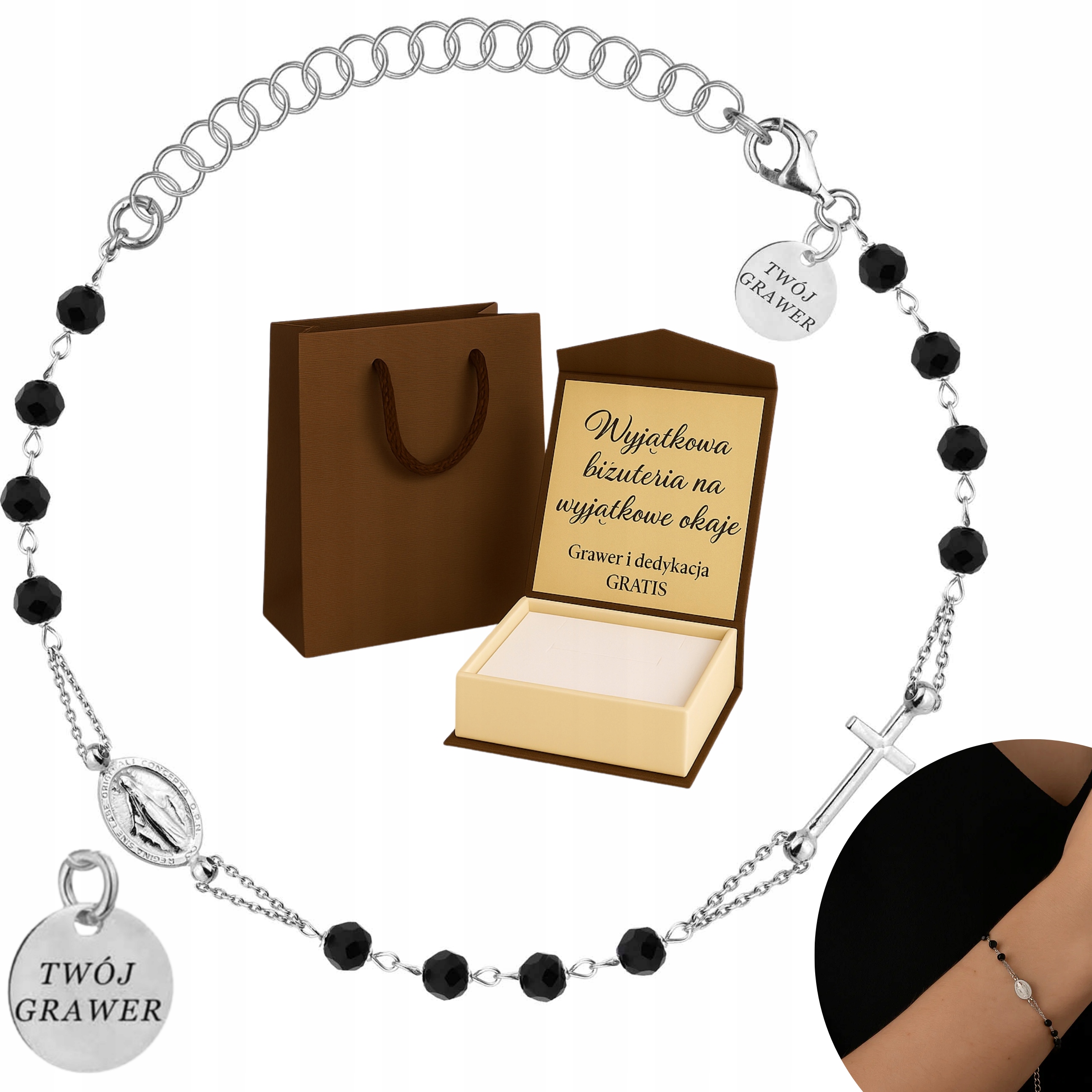 Stříbrný Rhodiovaný Náramek Dámský PR.925 Křížek Medailon Kameny Gravírování