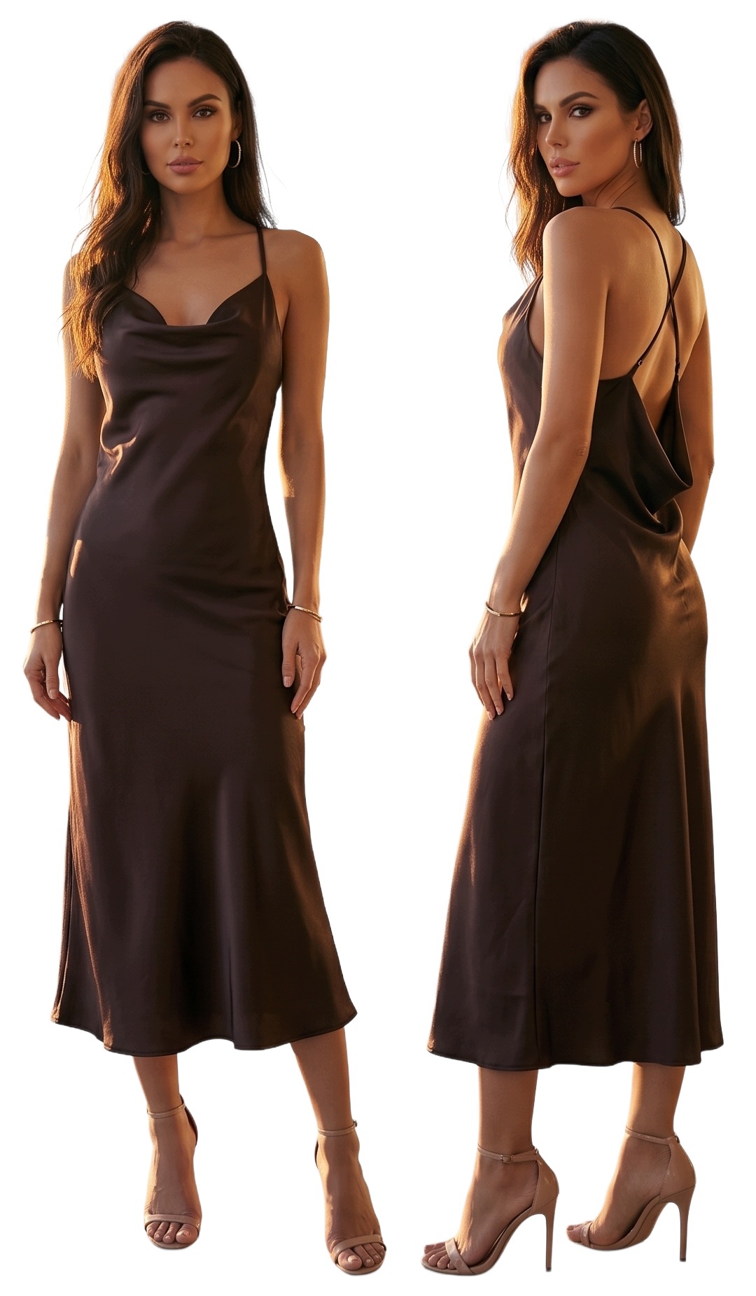 Šaty Saténová Midi Voda Odhalená Zadní část Slip Dress Čokoládová Hnědá
