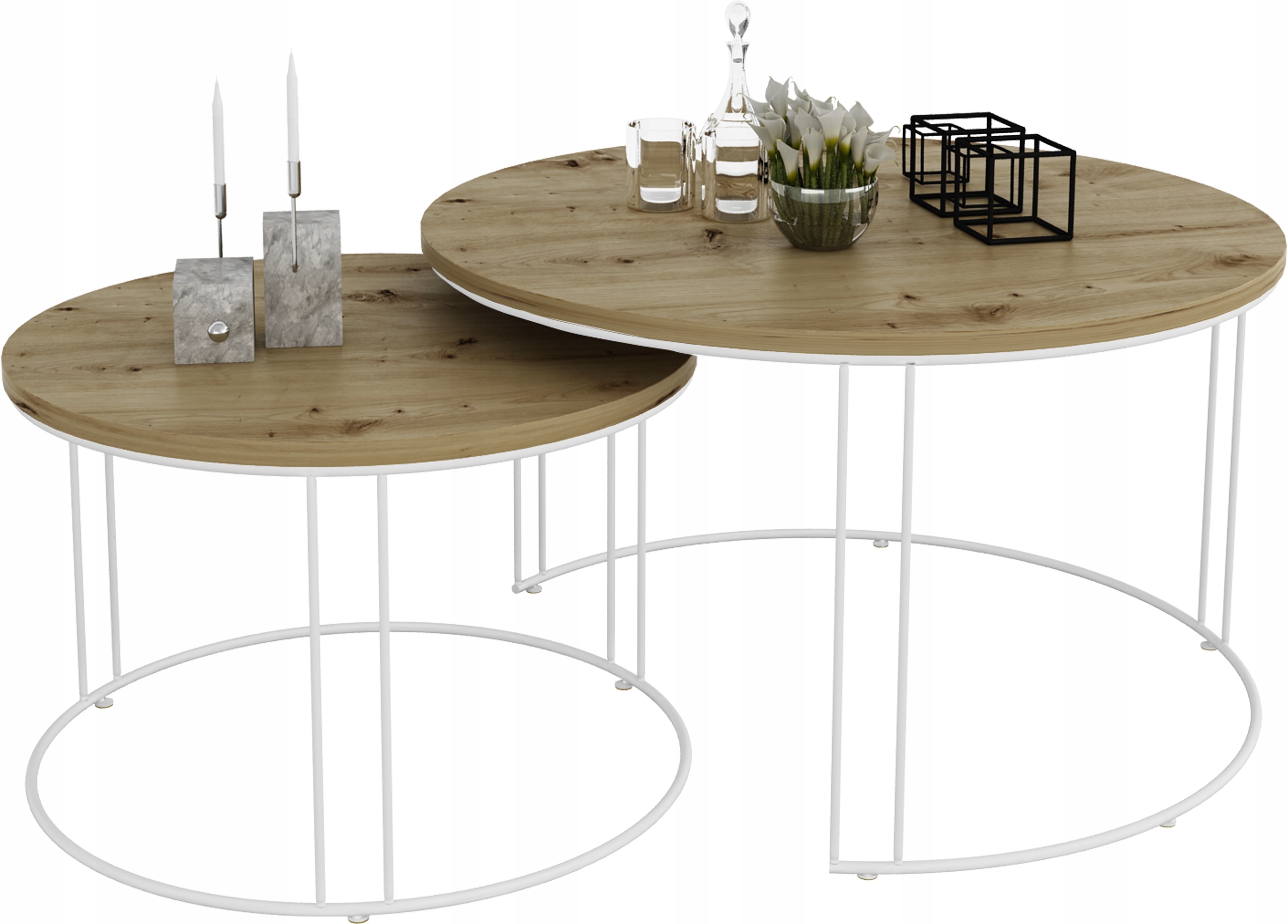 Zestaw Okrągłych Stolików Kawowych 2w1 Salon Loft Biały+Dąb Artisan