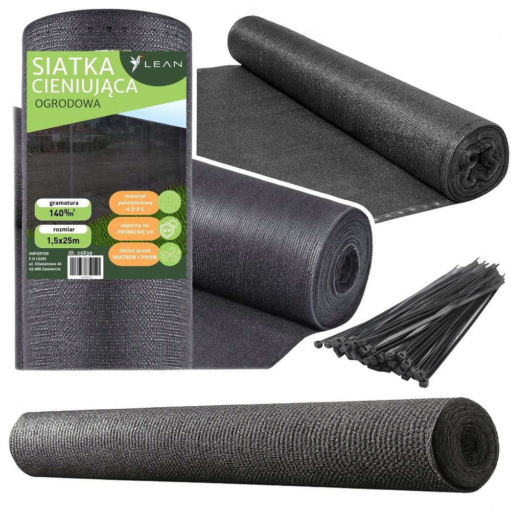 Siatka cieniująca maskująca Pe 1,5x25 m szara 140 g/m2 do ogrodzenia