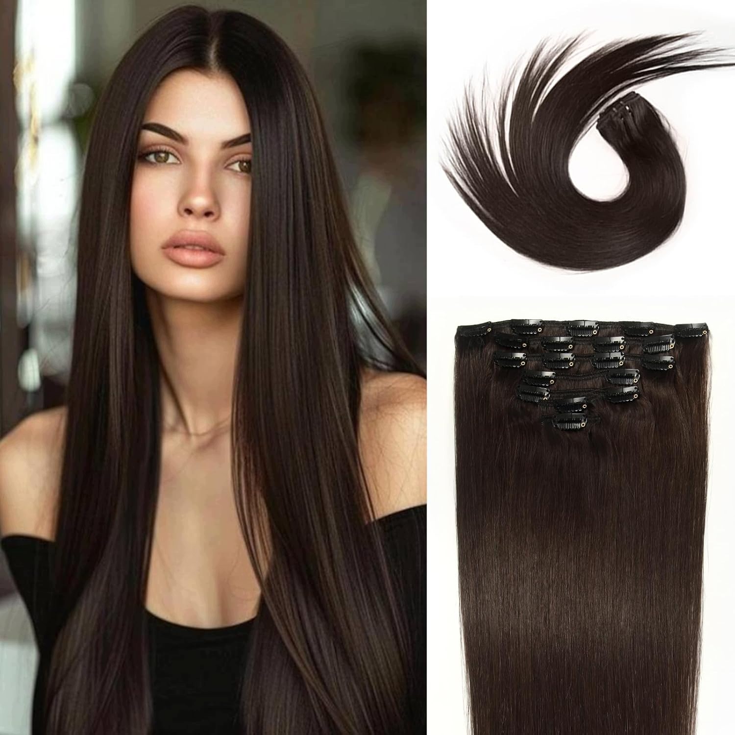 Pripínacie prírodné vlasy Remy Clip In 46 cm 120 g hnedé ľudské vlasy 7