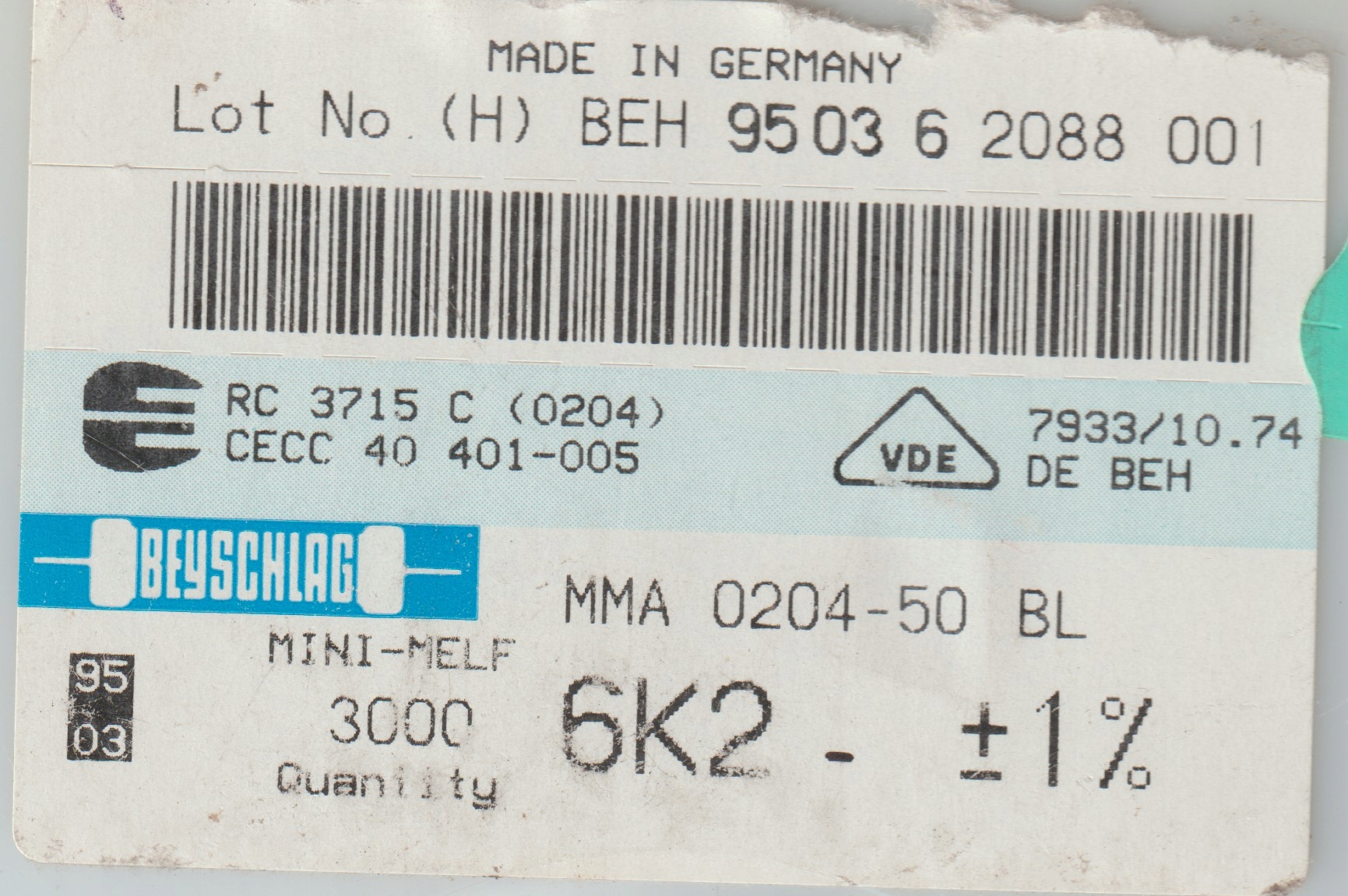 [100szt] 6K2 1% 50ppm rezystor Smd minimelf MMA0204 Beyschlag low noise