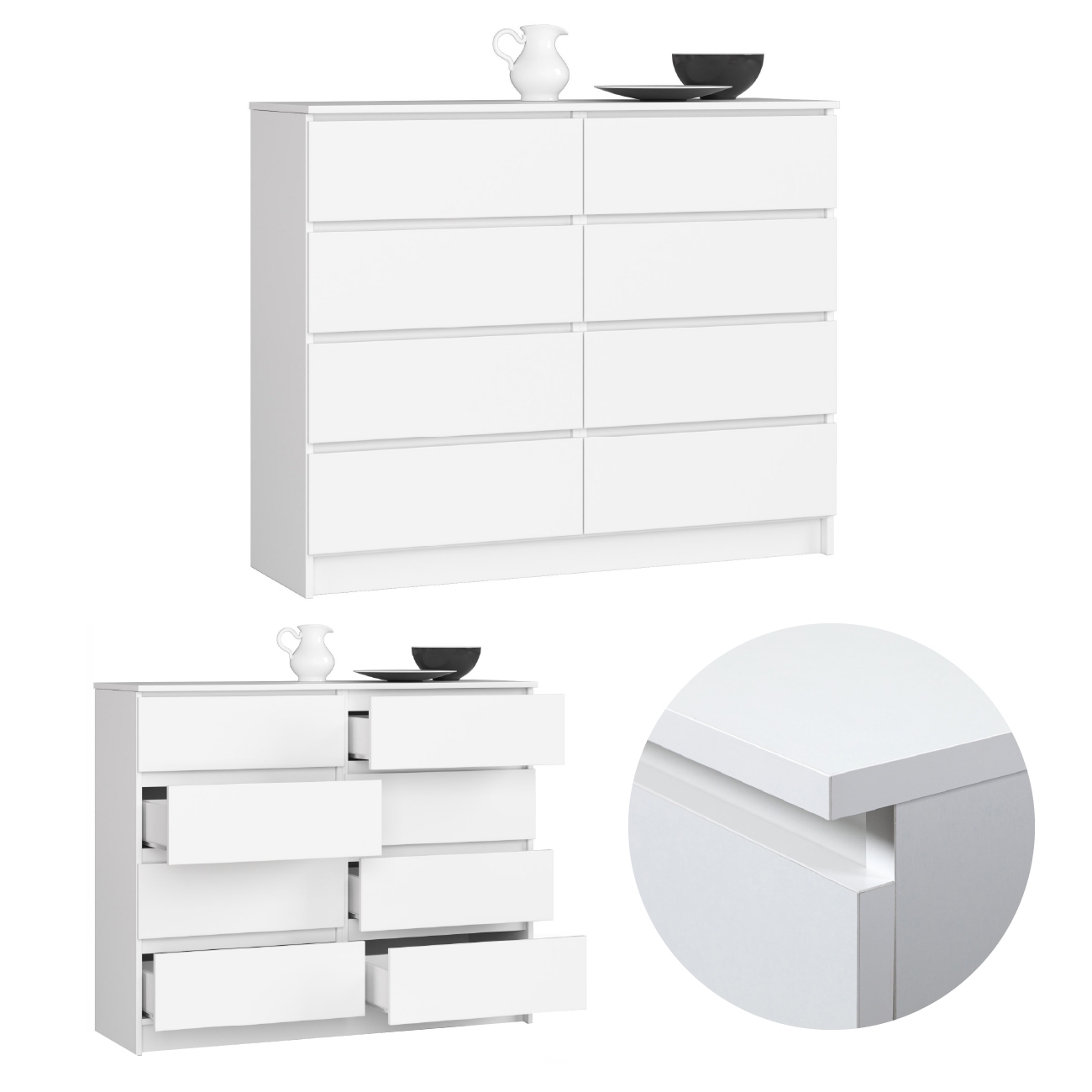Komoda do salonu 120 cm 8 szuflad szafka duża pojemna bezuchwytowa Biała