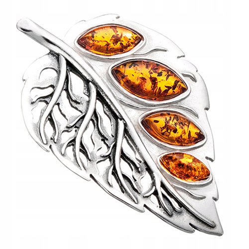Stříbrná Jantarová Brož list s přírodním Jantarem ze stříbra 925