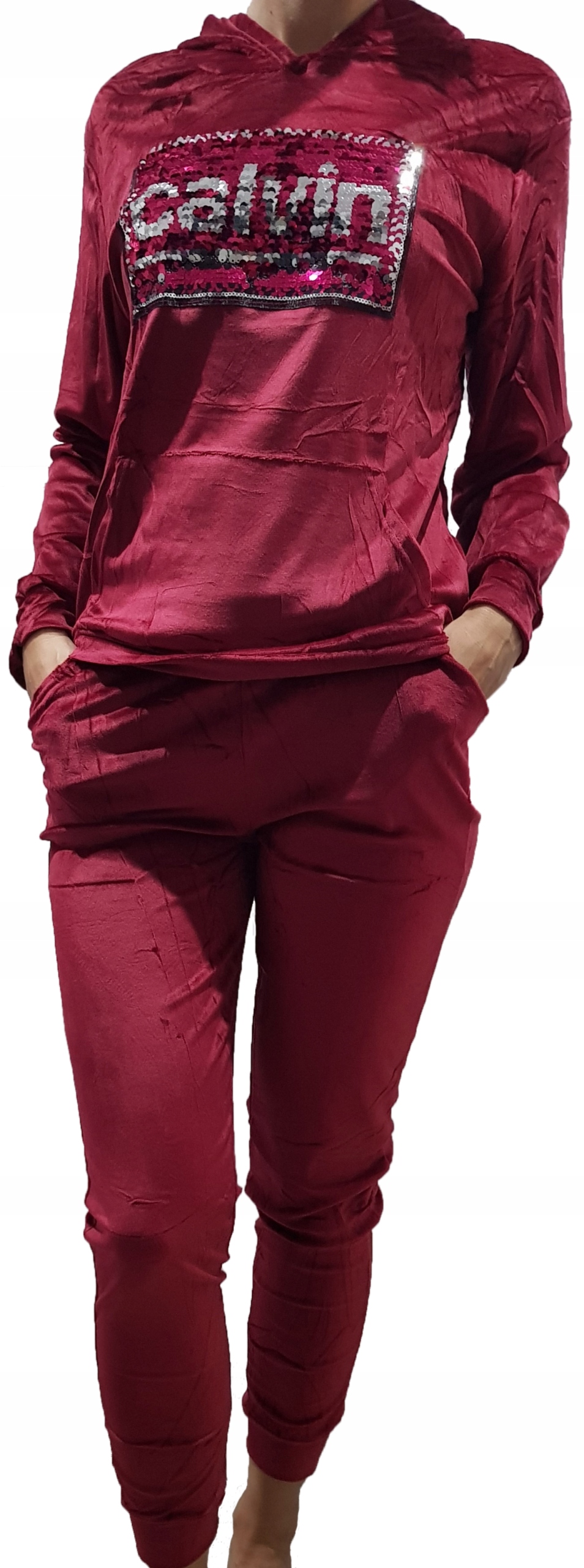 

Komplet Dresowy Welurowy Z Kapturem Bordowy S/m