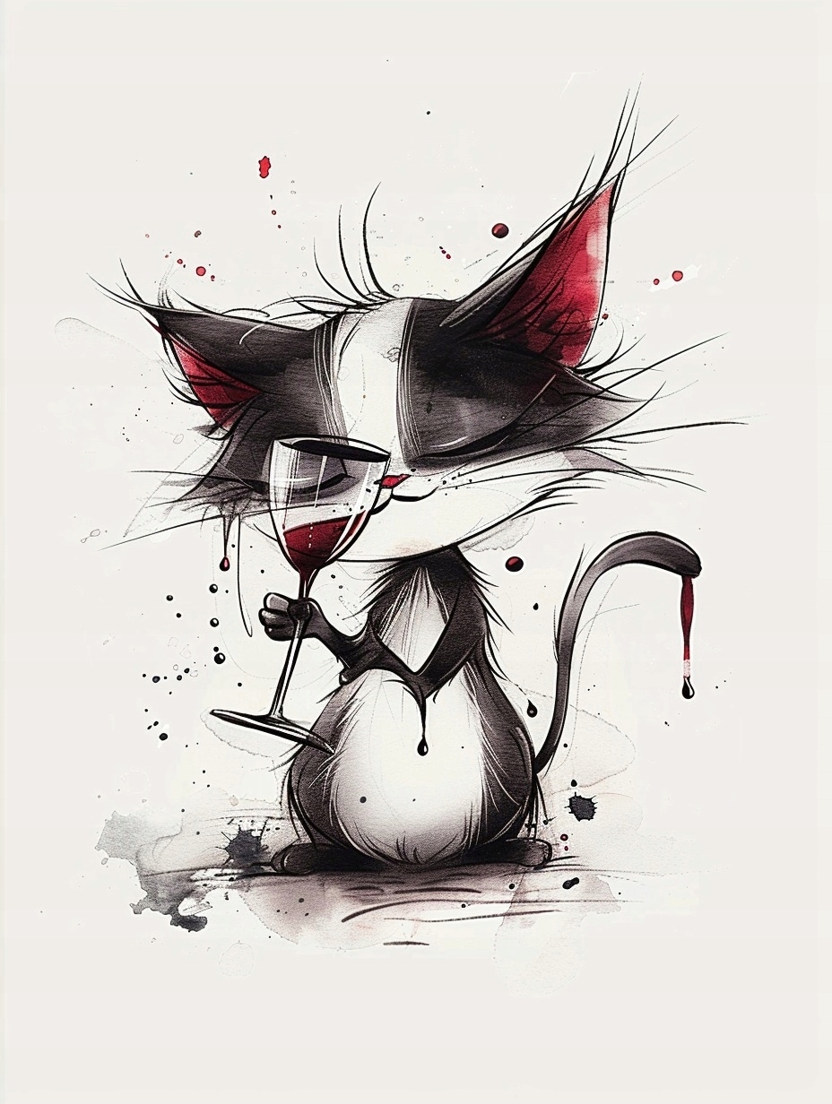 Obraz Na Plátně Canvas Grafika Kresba Kočka Kocur Víno Sklenička 60x80
