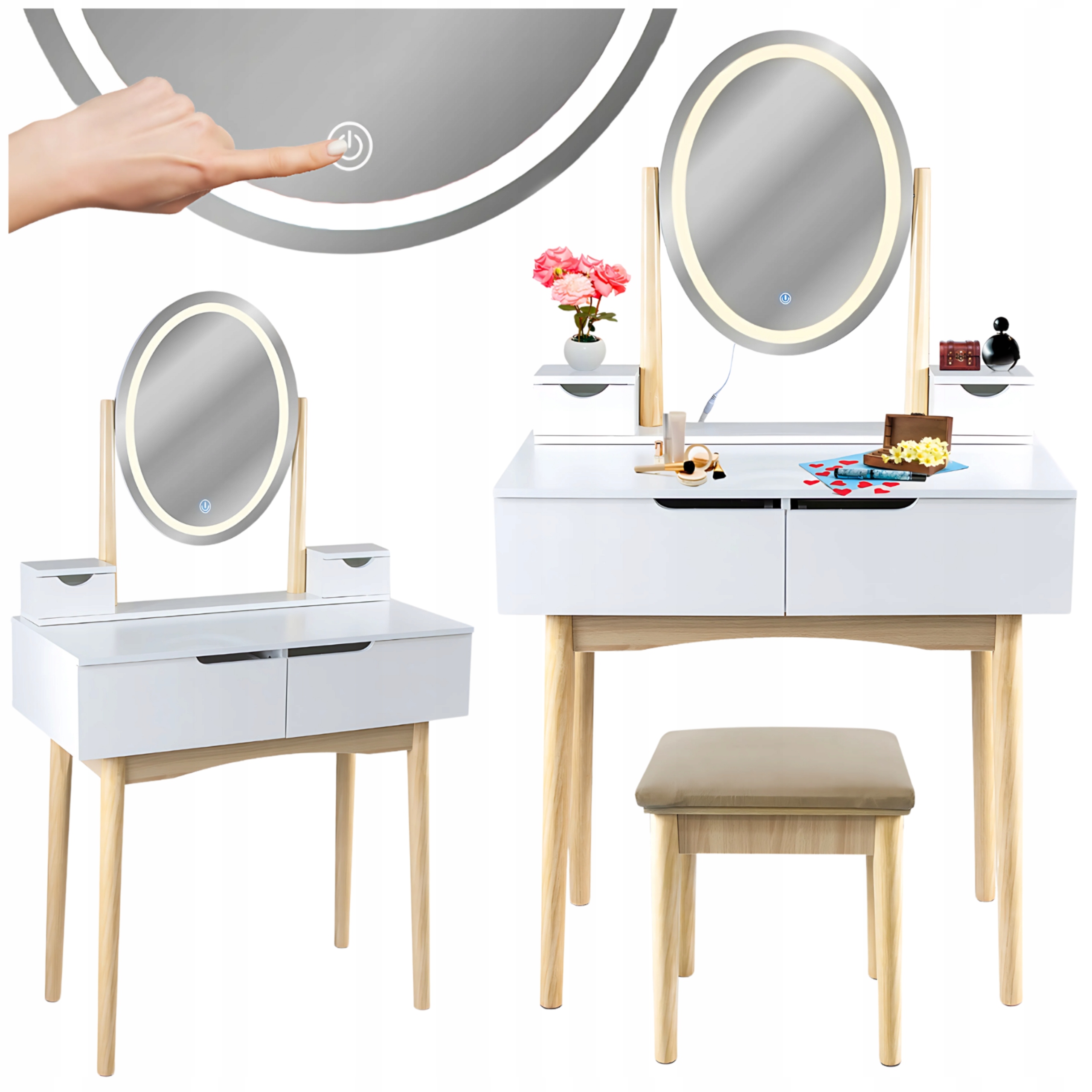 TOALETKA Z LUSTREM LED OŚWIETLENIE LED TABORET W ZESTAWIE NA PREZENT