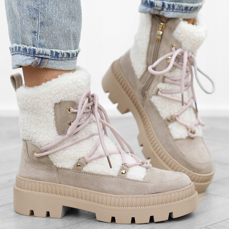 Béžové dámské kotníkové boty s kožíškem a zateplením kožíšek, teplé boty