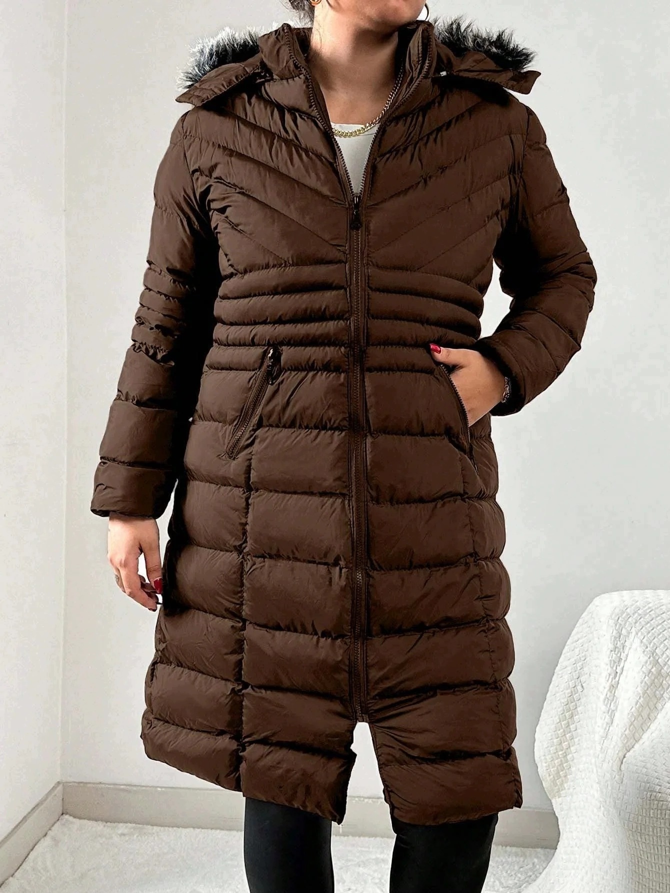 Dámská Prošívaná Péřová Bunda Hnědá MIDI S Kapucí Zimní 3XL 46