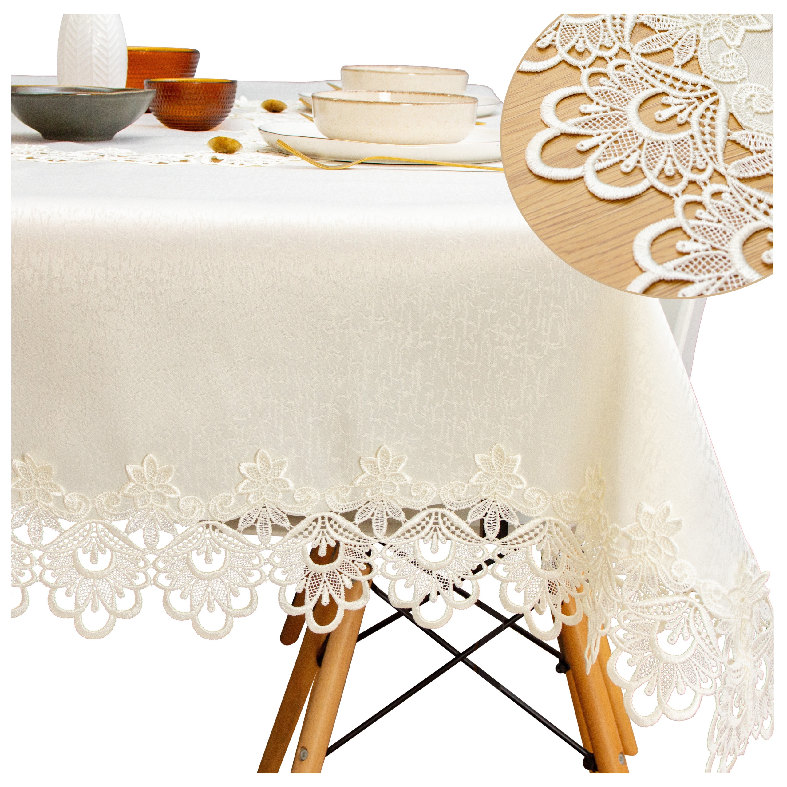 Obrus Ecru kremowy koronką Gipiurą 150x260 plamoodporny tłoczony