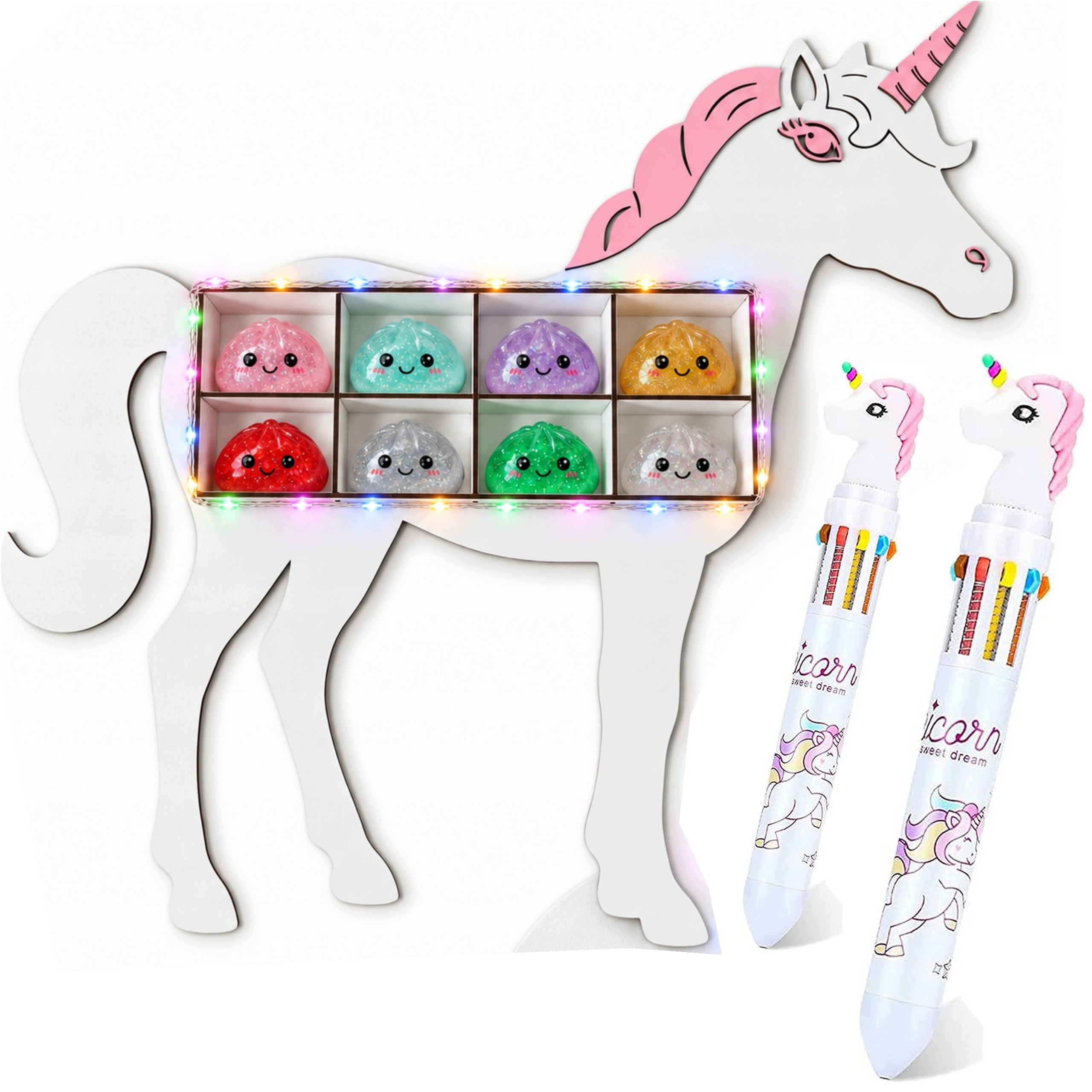 Organizer na gniotki jednorożec 8 przegródek 69x65 cm biały Led Długopisy