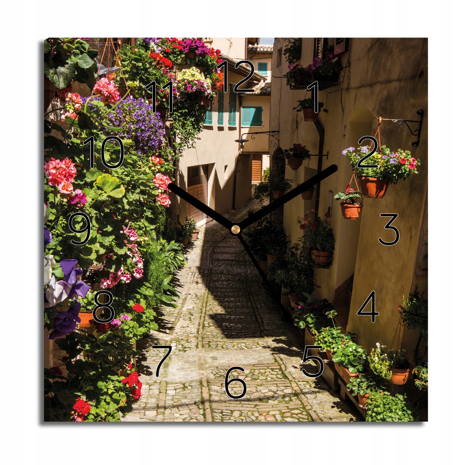 hodiny na plátně Ulička květiny dlažba 30x30 s fotografií