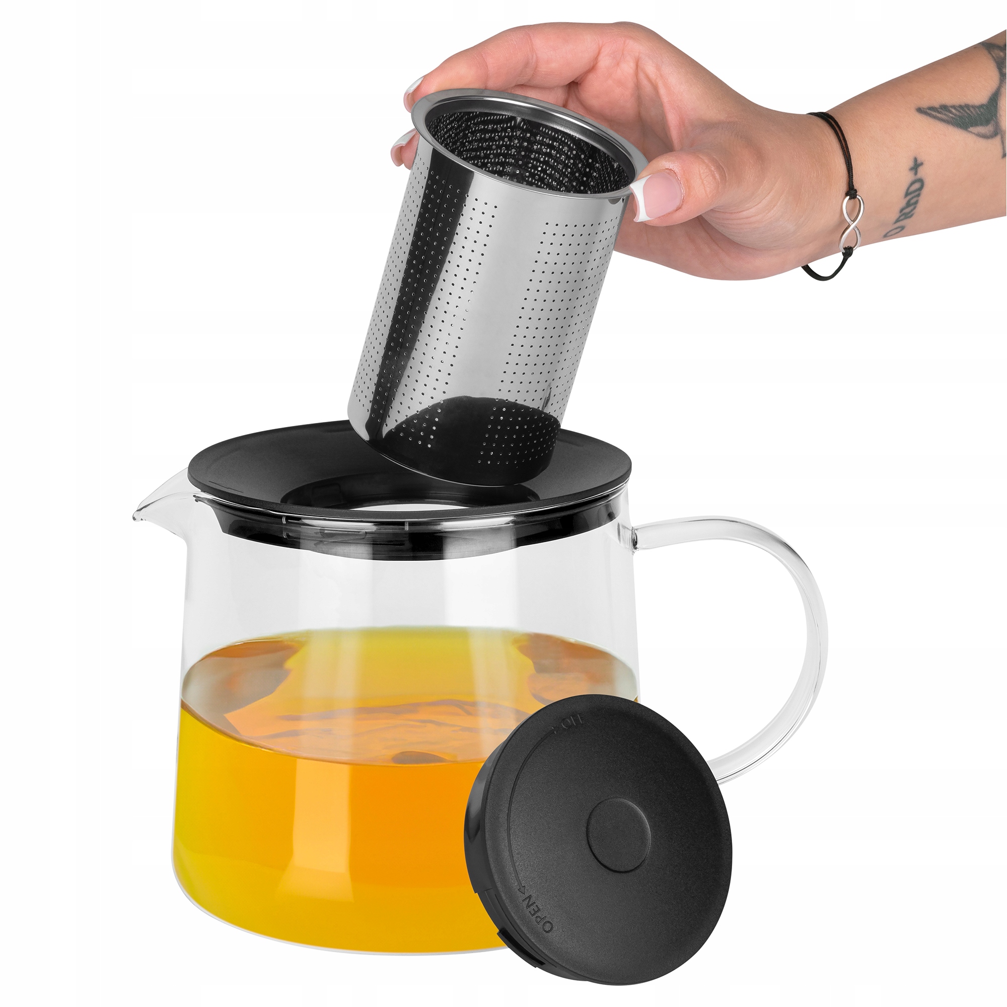 SZKLANY DZBANEK ZAPARZACZ DO HERBATY ZIÓŁ STALOWE SITKO 1,5L + PODGRZEWACZ Kolor czarny przezroczysty