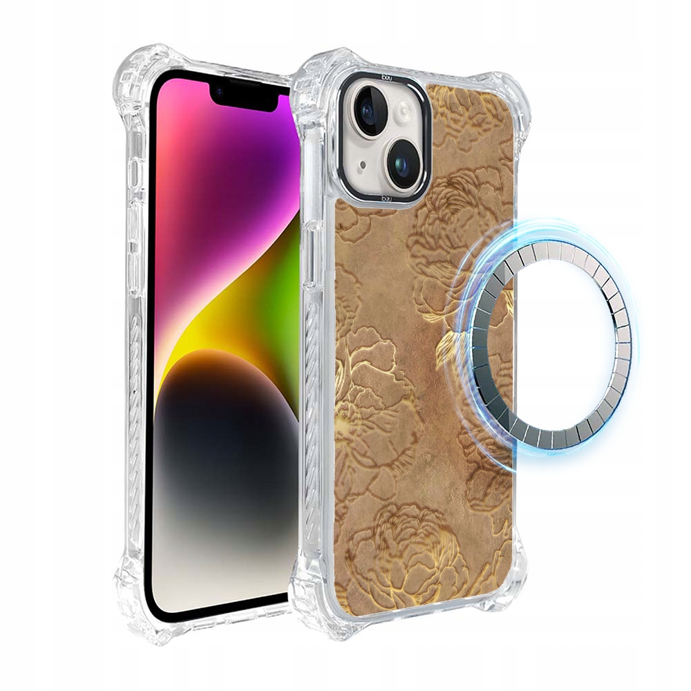 Pouzdro pro iPhone 14 Ibizu DropGuard Ultra s MagSafe, zlaté pivoňky