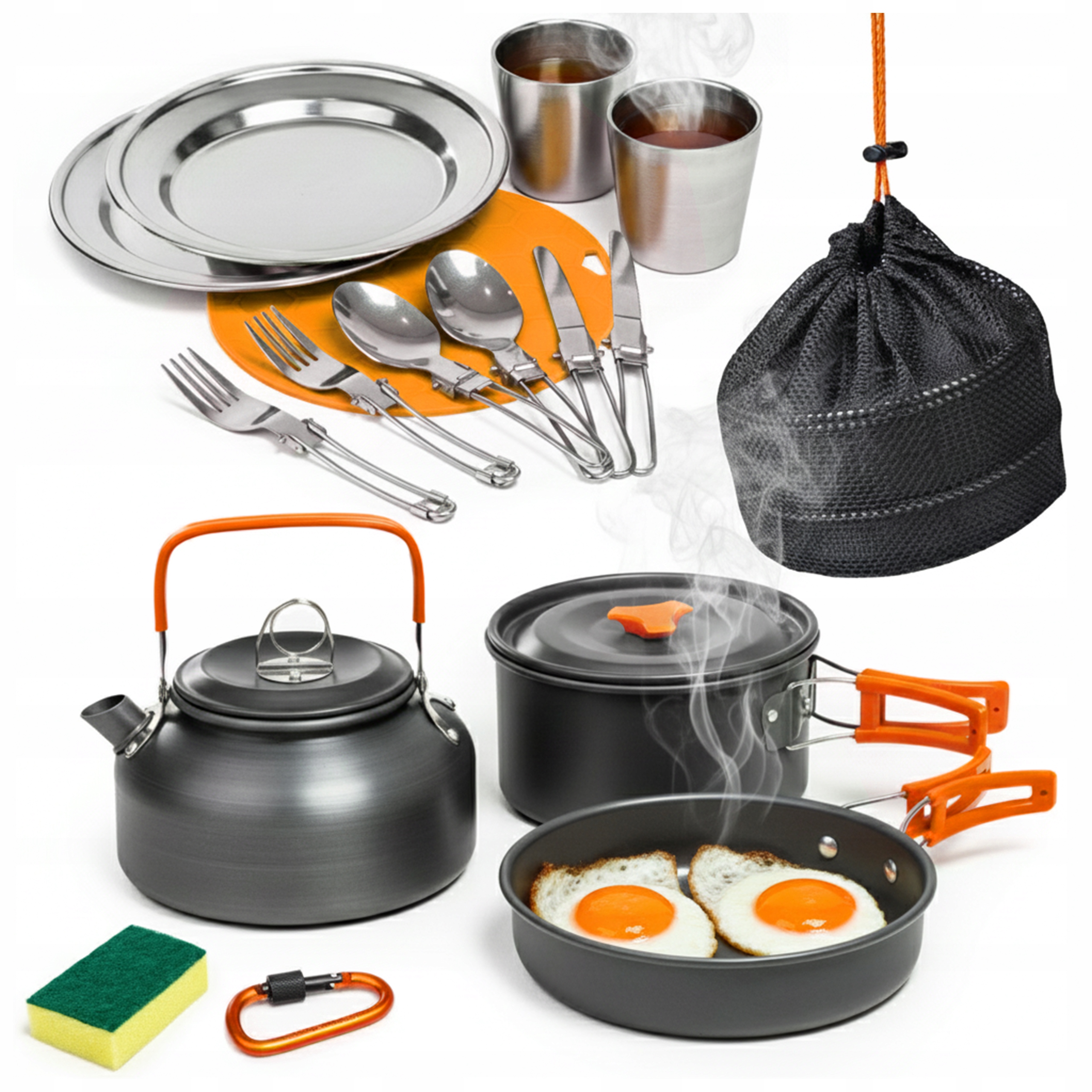 Zestaw Naczyń Turystycznych Składany Garnków Miski Sztućce Dwuosobowy XL