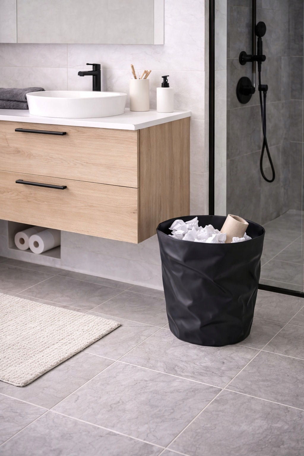 Kosz na śmieci 8L czarny okrągły design 3D pod biurko efekt papieru