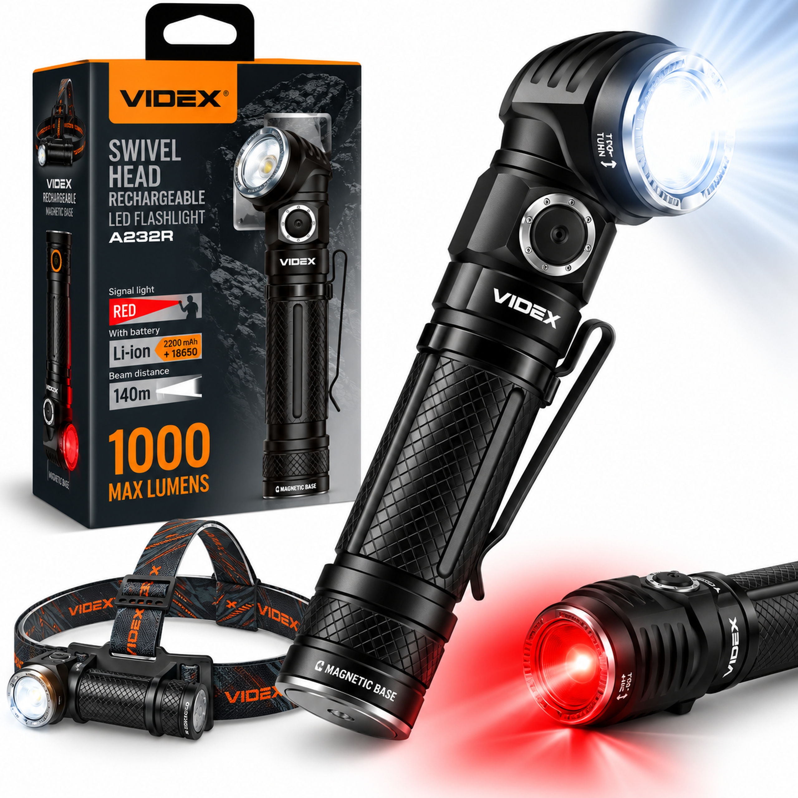 Latarka 2w1 ręczna czołówka Videx Led 10W 1000lm 5000K akumulator 18650
