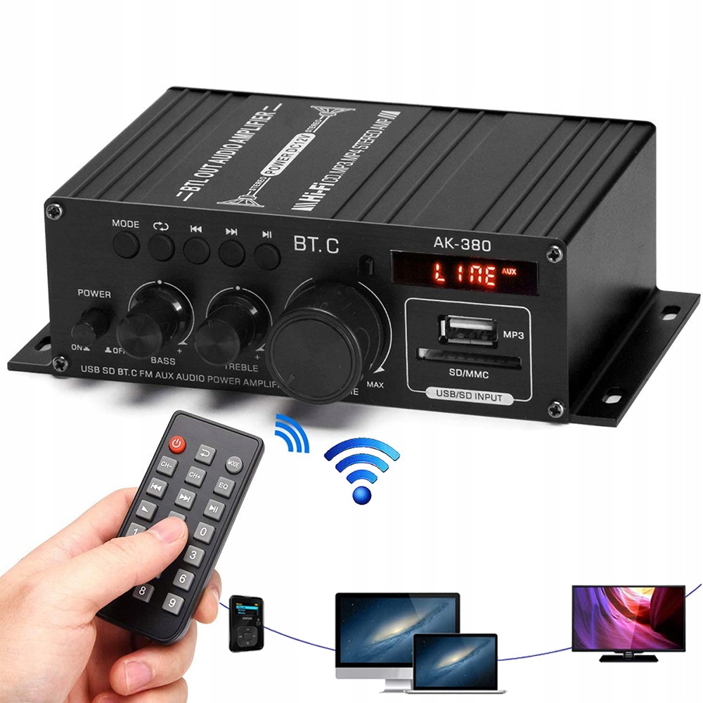 Mini Amp Bluetooth Fm Rádio Usb Aux 40W Černý Vstup Rca Aux Karta Sd/tf