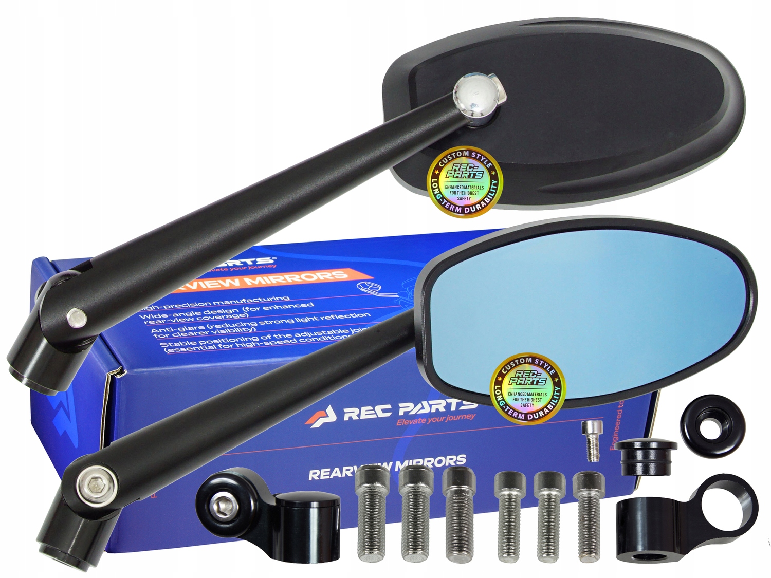 Lusterka Motocyklowe CNC Eliptyczne Uniwersalne Czarne + Śruby M8 M10