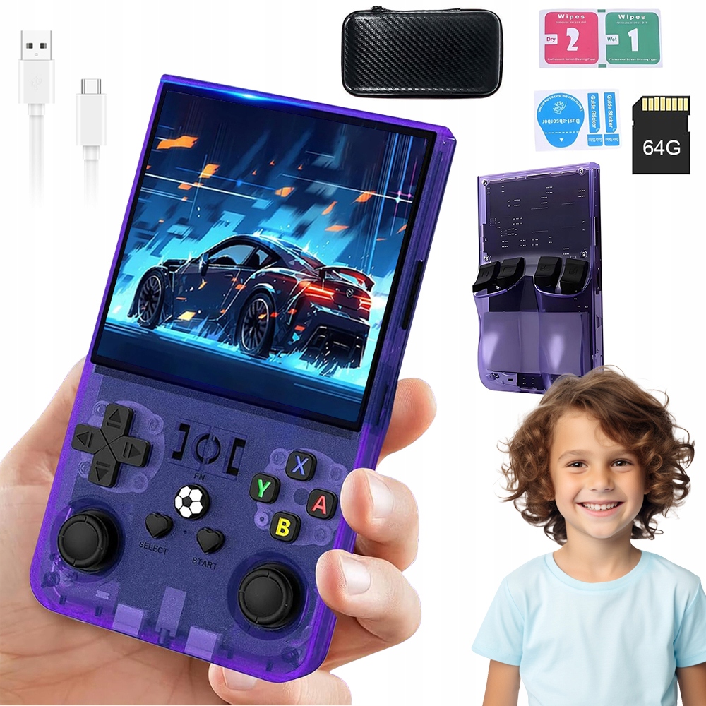 R36MAX Retro Konzole 18000 Her Mini Přenosná Herní Konzole 64GB Fialová