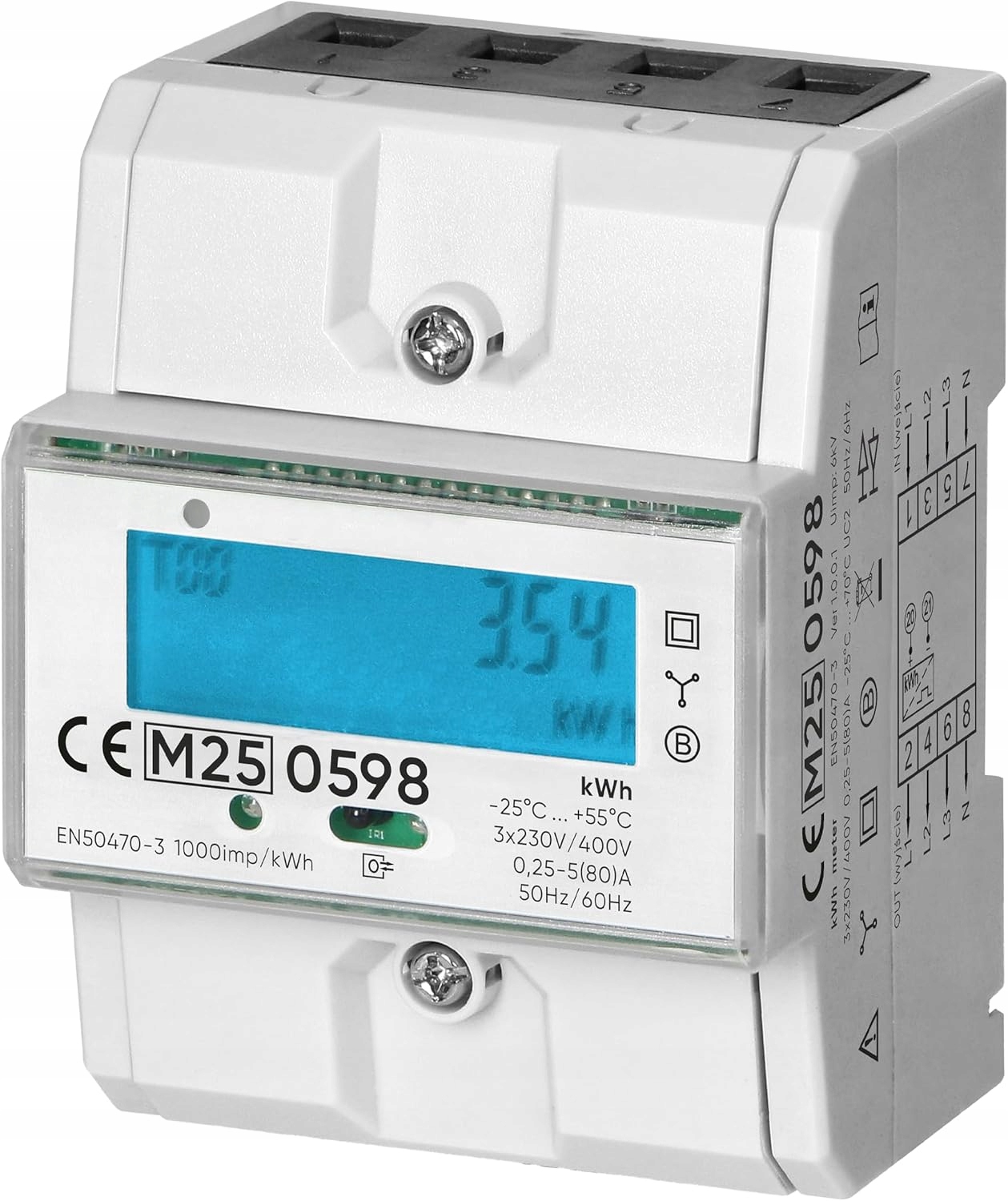 3-fázový elektroměr, 80A, MID, 4,3 modulů, Din TH-35 mm