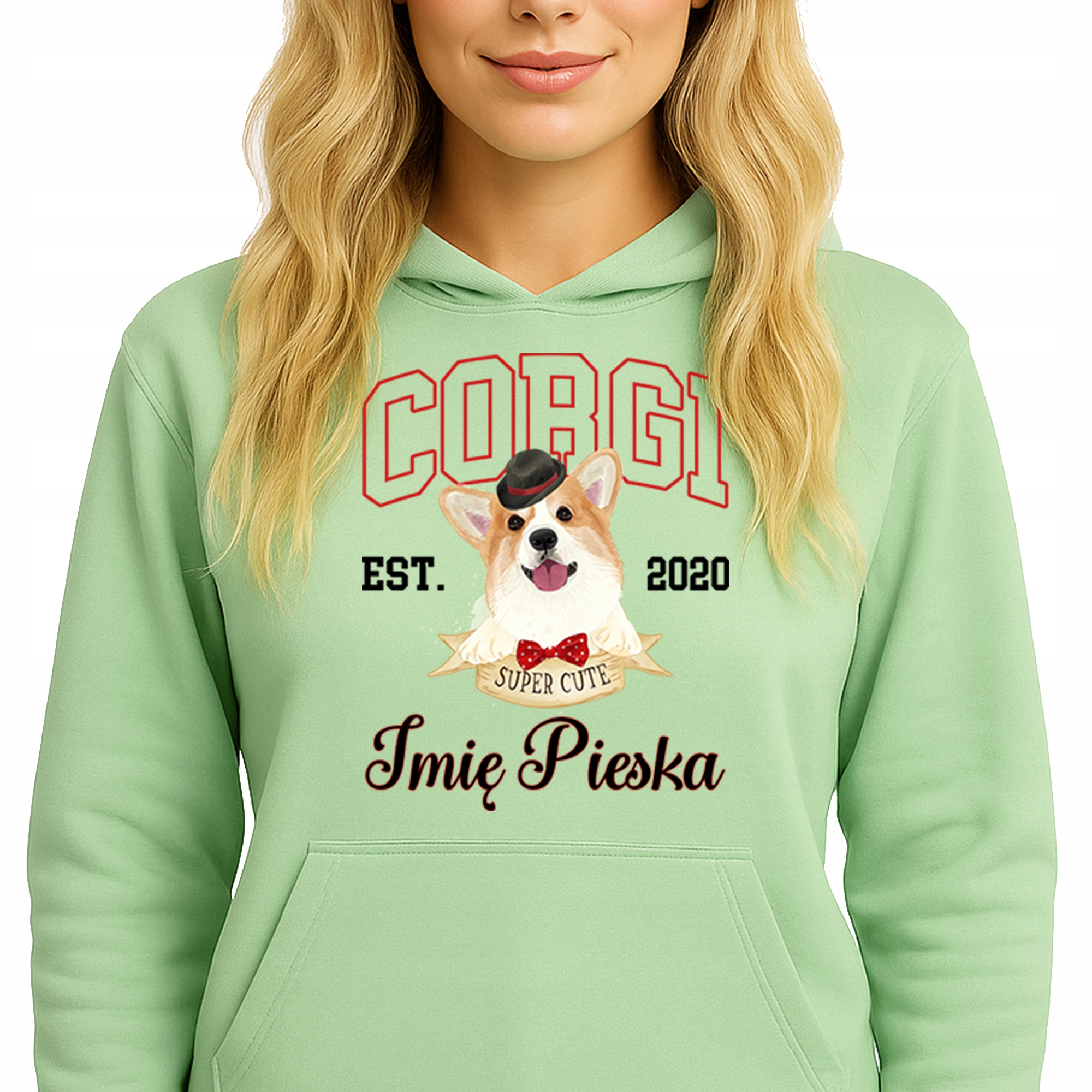 Mikina S Kapucí Zelená Bavlněná Hoodie Módní Corgi Jméno Pejska Vel S