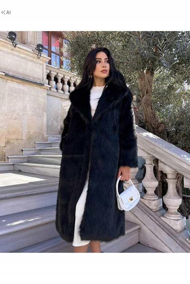 Dlouhý Černý Kožešinový Kabát Elegantní Minimalistický 3XL 5IA