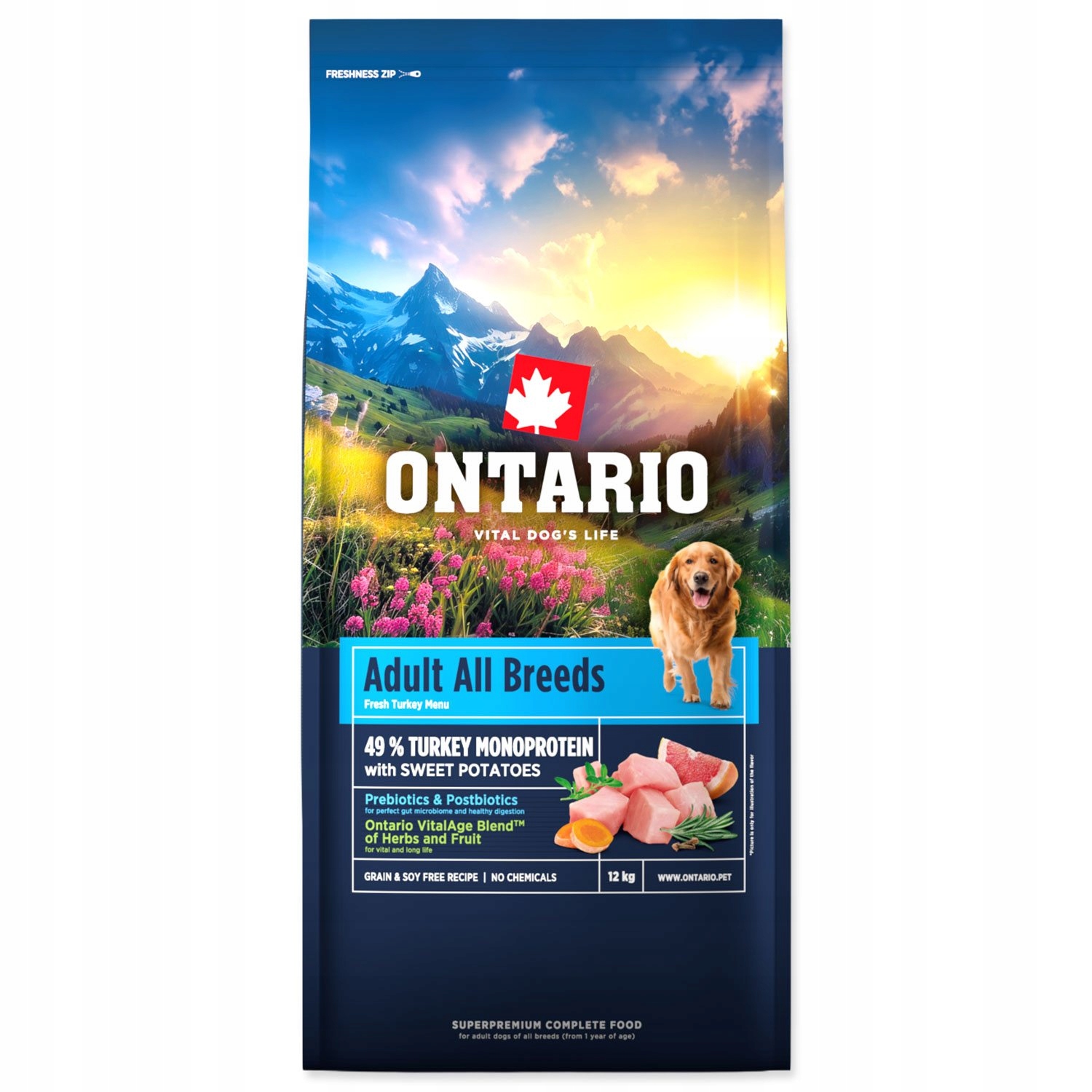 Krmivo Ontario Adult All Breeds Monoprotein Turkey &amp; Sweet Potatoes 12kg