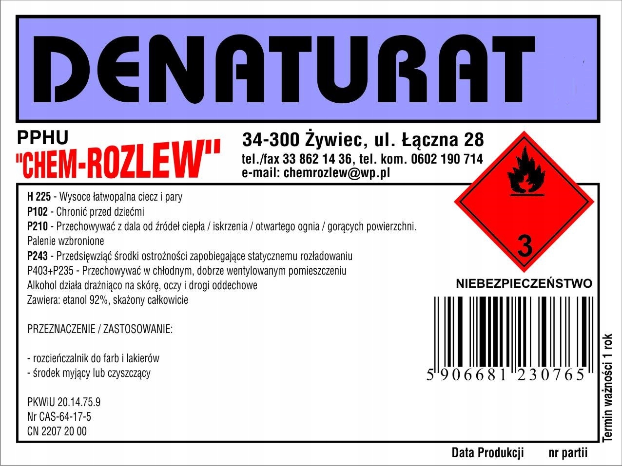 

Denaturat Alkohol Etylowy 92% Rozpuszczalnik 0,5