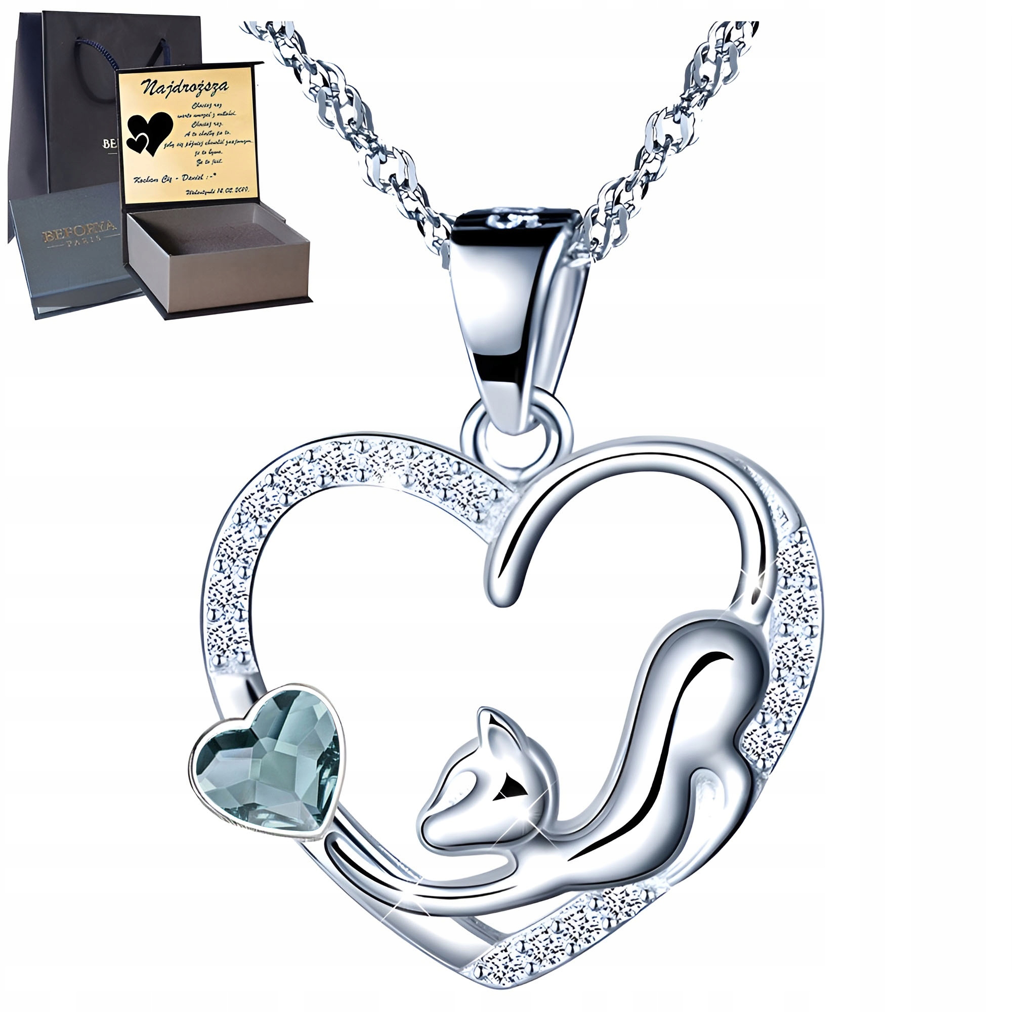 Stříbrný náhrdelník Stříbro 925 Přívěsek Srdce Kočka Dárek pro ženu Gravírování