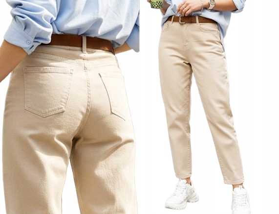 Spodnie jeansowe Mom Fit wysoki stan elastyczne beżowe pasek M.sara XL 528
