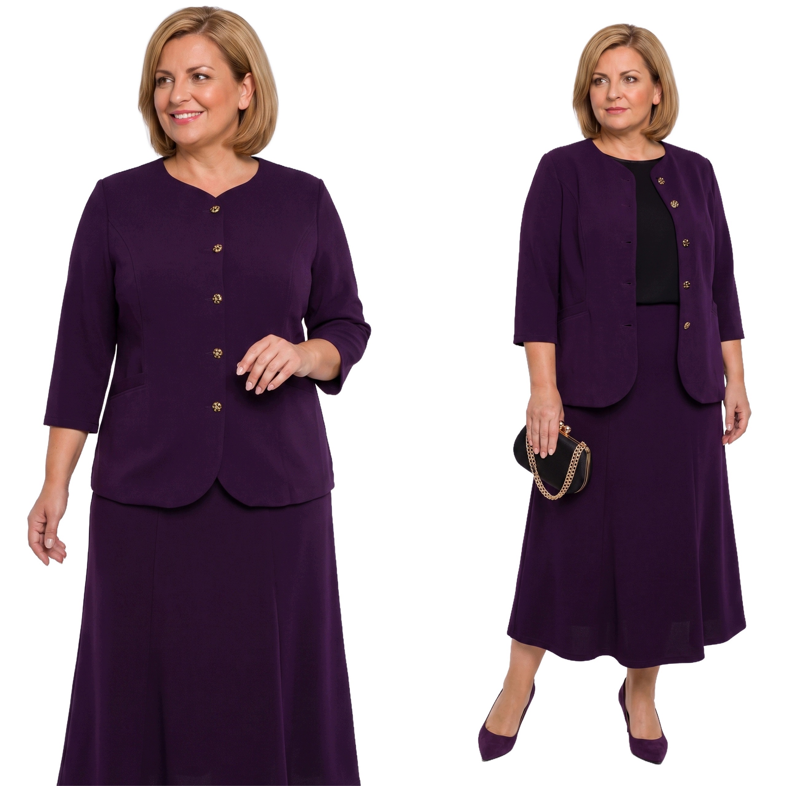 Fialový komplet se zlatými knoflíky plus size velikost 60