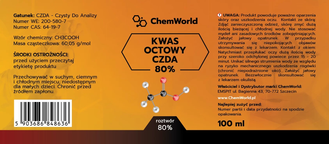Kwas Octowy 80% CZDA 100 ml Chemworld EAN (GTIN) 5903686848636
