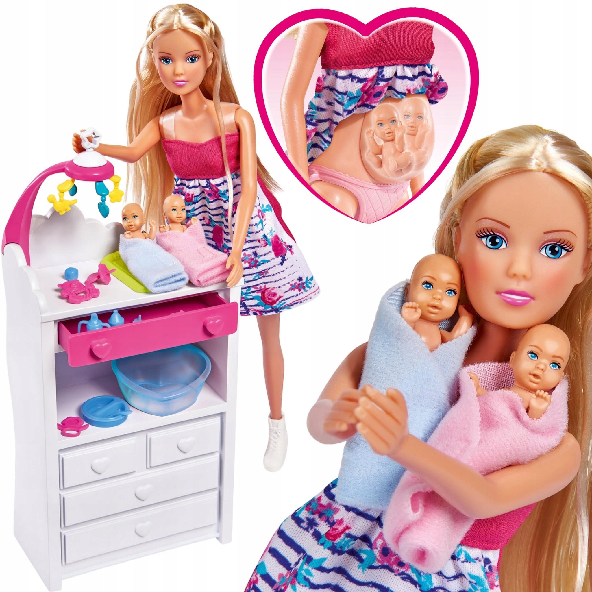 LALKA STEFFI W CIĄŻY BLIŹNIACZEJ BLIŹNIAKI Z AKCESORIAMI DYPLOM BARBIE