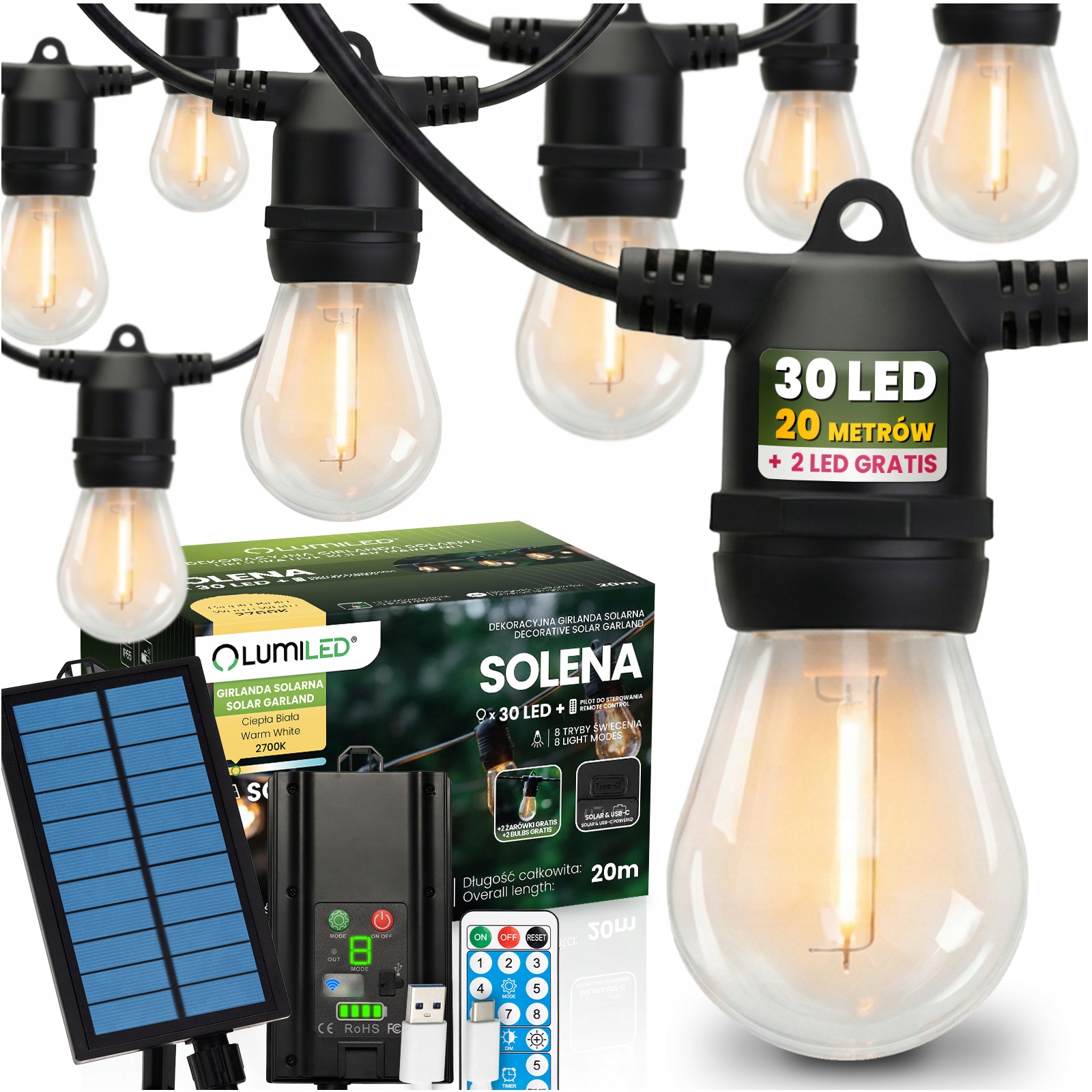 Solární zahradní světelná girlanda 30x Led Žárovka Balkon Terasa 20 m Pilot