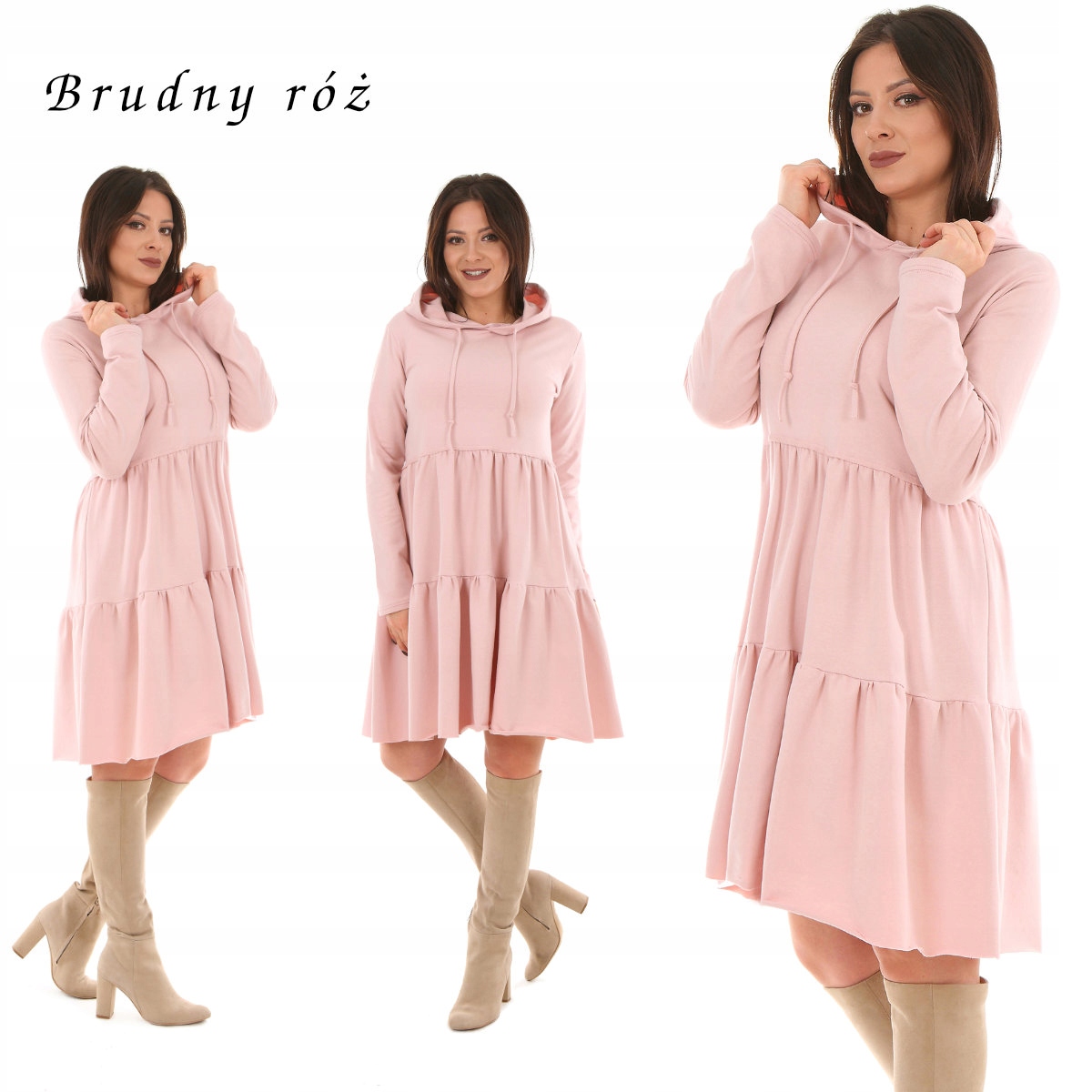 F548 Nieziemska SUKIENKA z kapturem Falbany Długość przed kolano