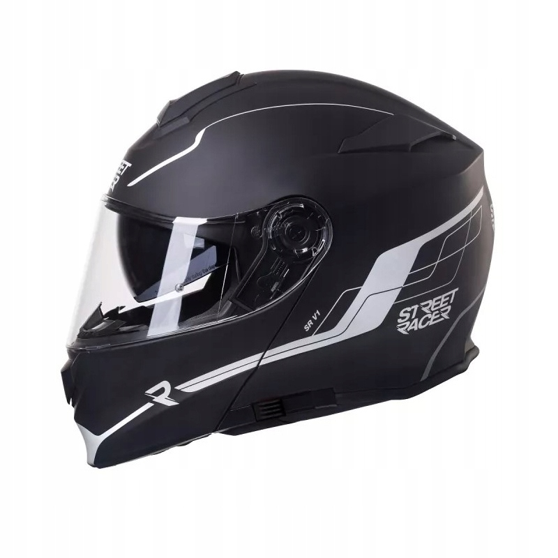 Szczękowy kask motocyklowy Street Racer SR V1 czarno-biały Rozmiar: M Typ Integralne / Pełne