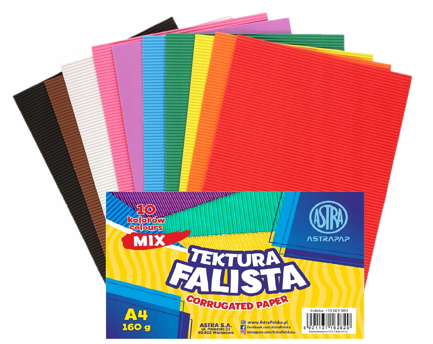 Tektura falista zestaw A4 10 kolorów mix - Astra
