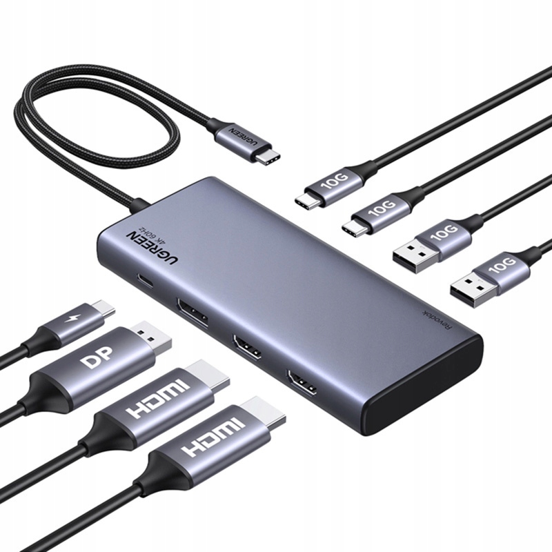 Usb-c hub Ugreen CM639, 2x Hdmi, Dp, 2x Usb, 2x Usb-c 3.2 10Gbps, Pd, 4K
