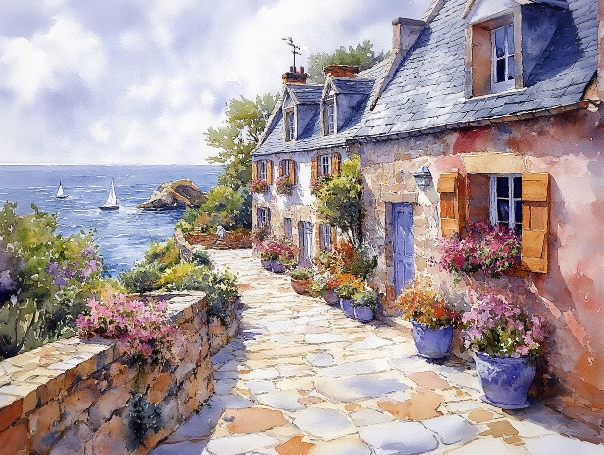 Obraz Na Plátně Canvas Bretania Plachetnice Moře Domky Květiny Francie 100x75