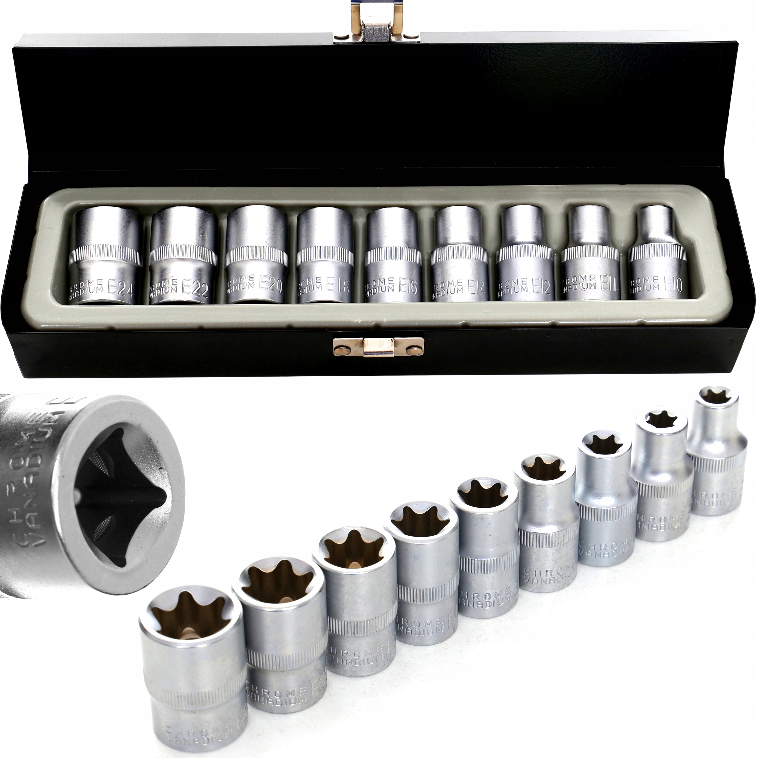 Klucze nasadowe Torx 9 el. 1/2 E10-E24 nasadki 9 sztuk metalowa walizka