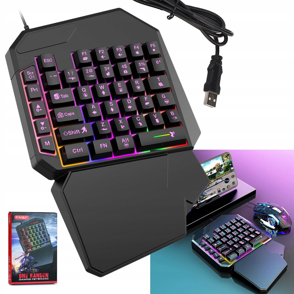 JEDNORĘCZNA KLAWIATURA DLA GRACZY GAMINGOWA LED KEYPAD WSAD RGB USB