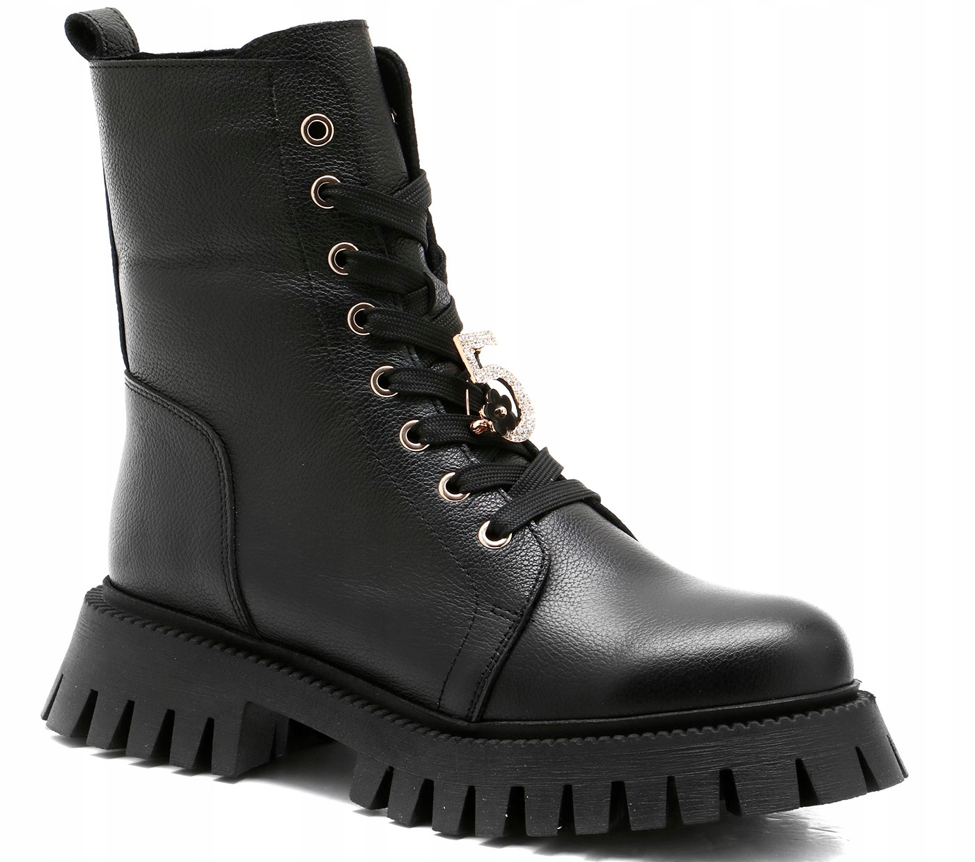 černé kožené dámské kotníkové boty na traperu, zateplené boty KARINO-39