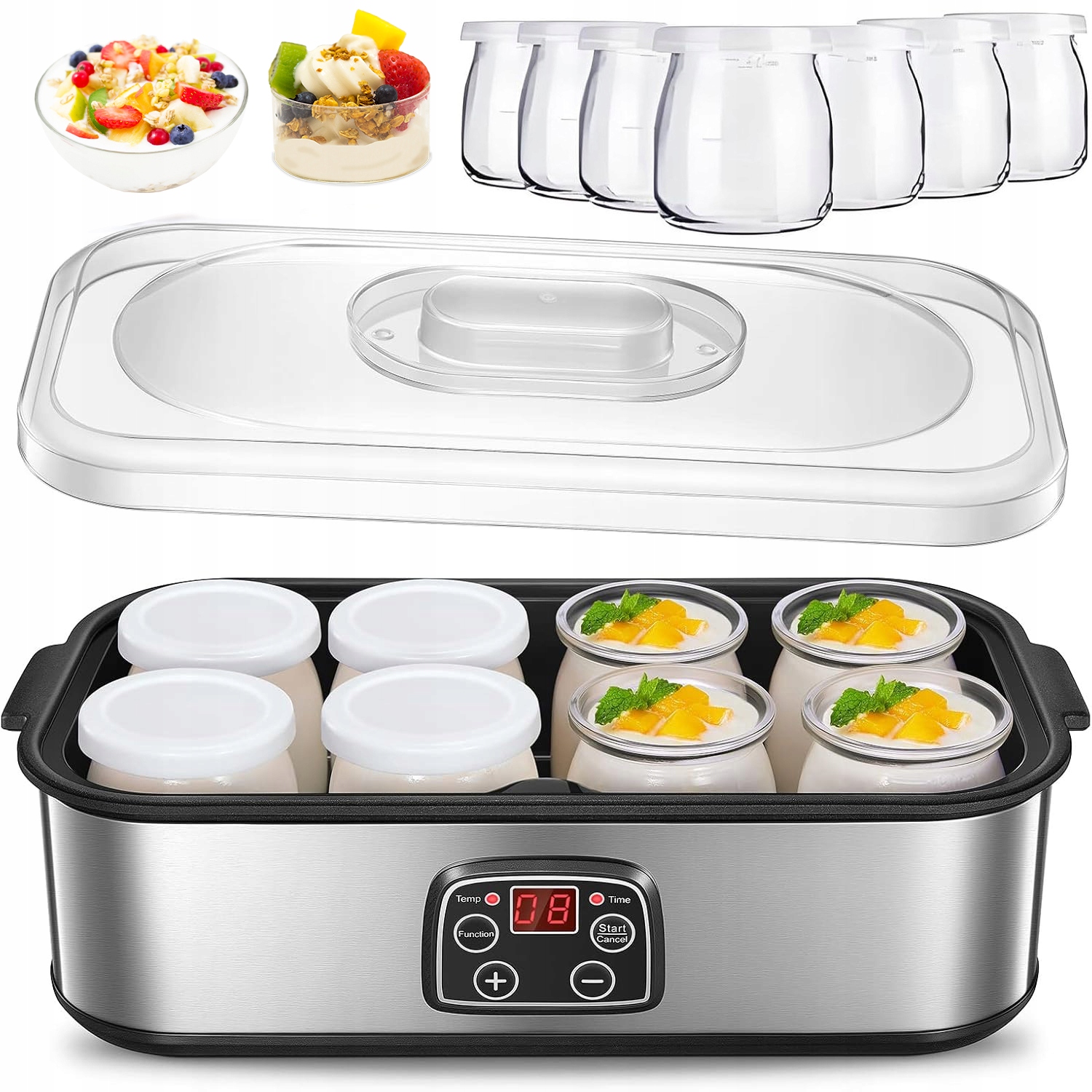 Jogurtovač Z Nerezové Oceli 8 X 180 ML S Časovačem Regulace Teploty