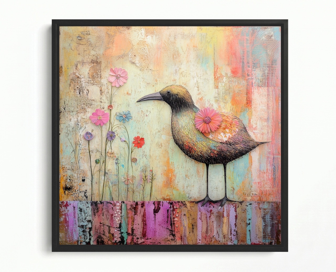 Obraz Rám Americká Krabička Ptáček Květiny Boho Pastely Příroda 50x50
