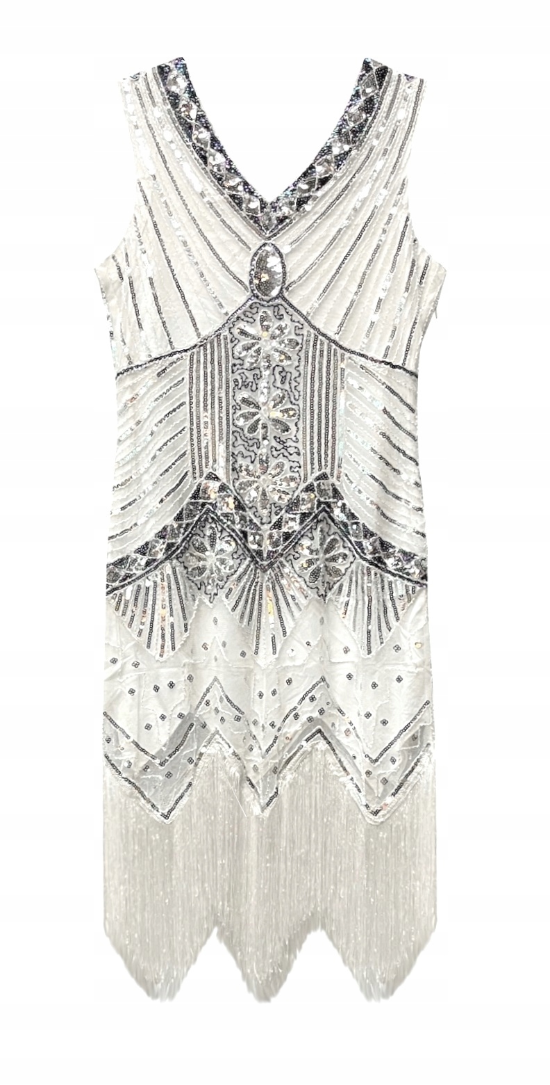 Šaty Stříbrné Flitry Bílé Třásně vel. L