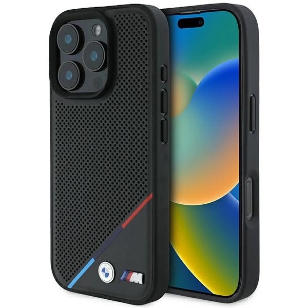 Pouzdro Bmw M Perforated Tricolor Line MagSafe pro iPhone 16 Pro černé