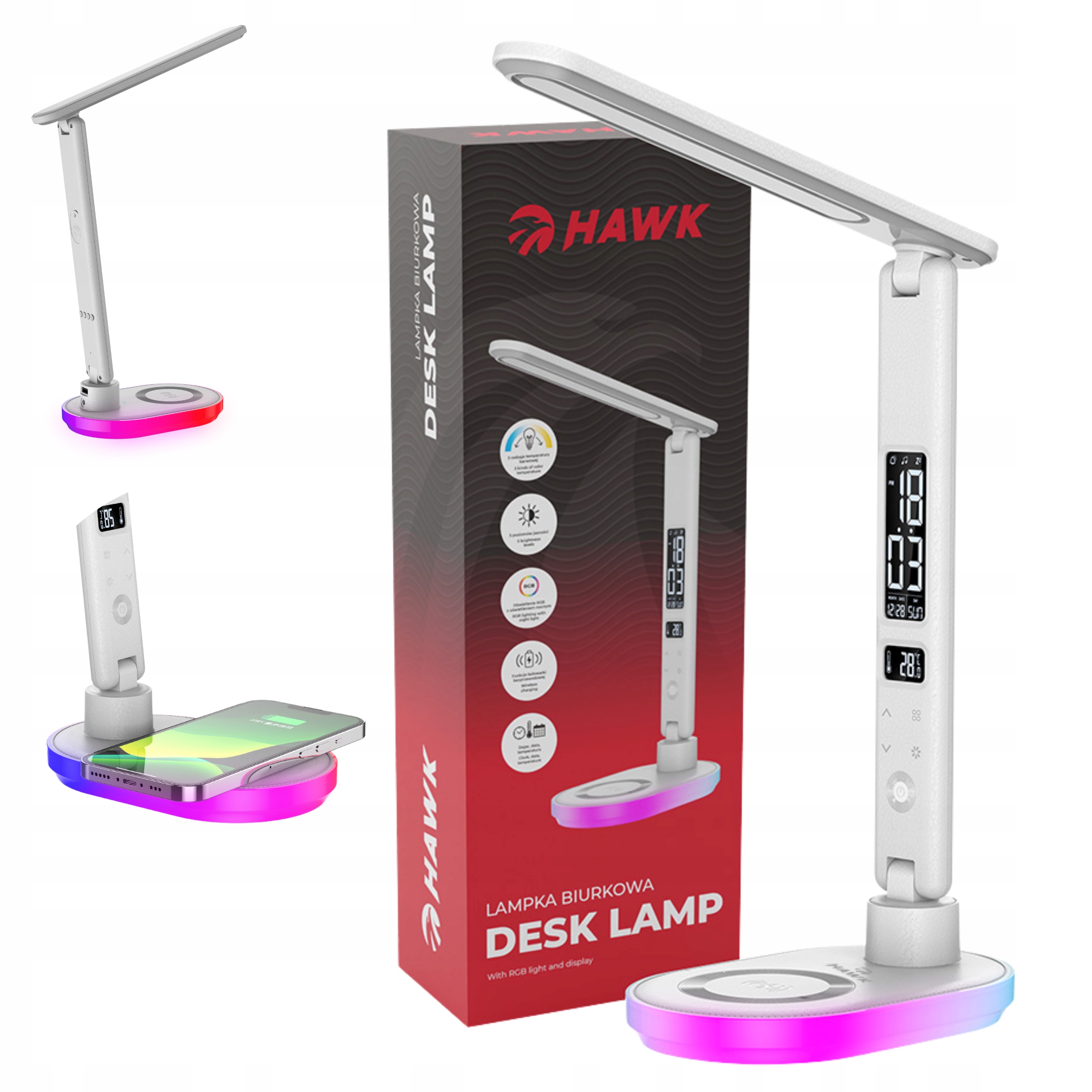 Lampka biurkowa na biurko Led do czytania Nocna ładowarka Zegar budzik Rgb